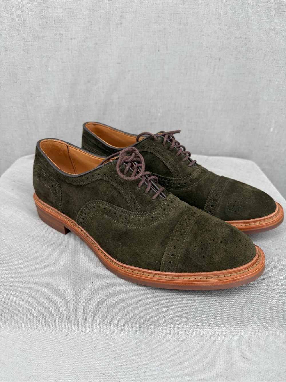 Allen Edmonds Hunting Green Suede Dainite Strandmok Cap Toe Oxford Shoe Size 9.5
